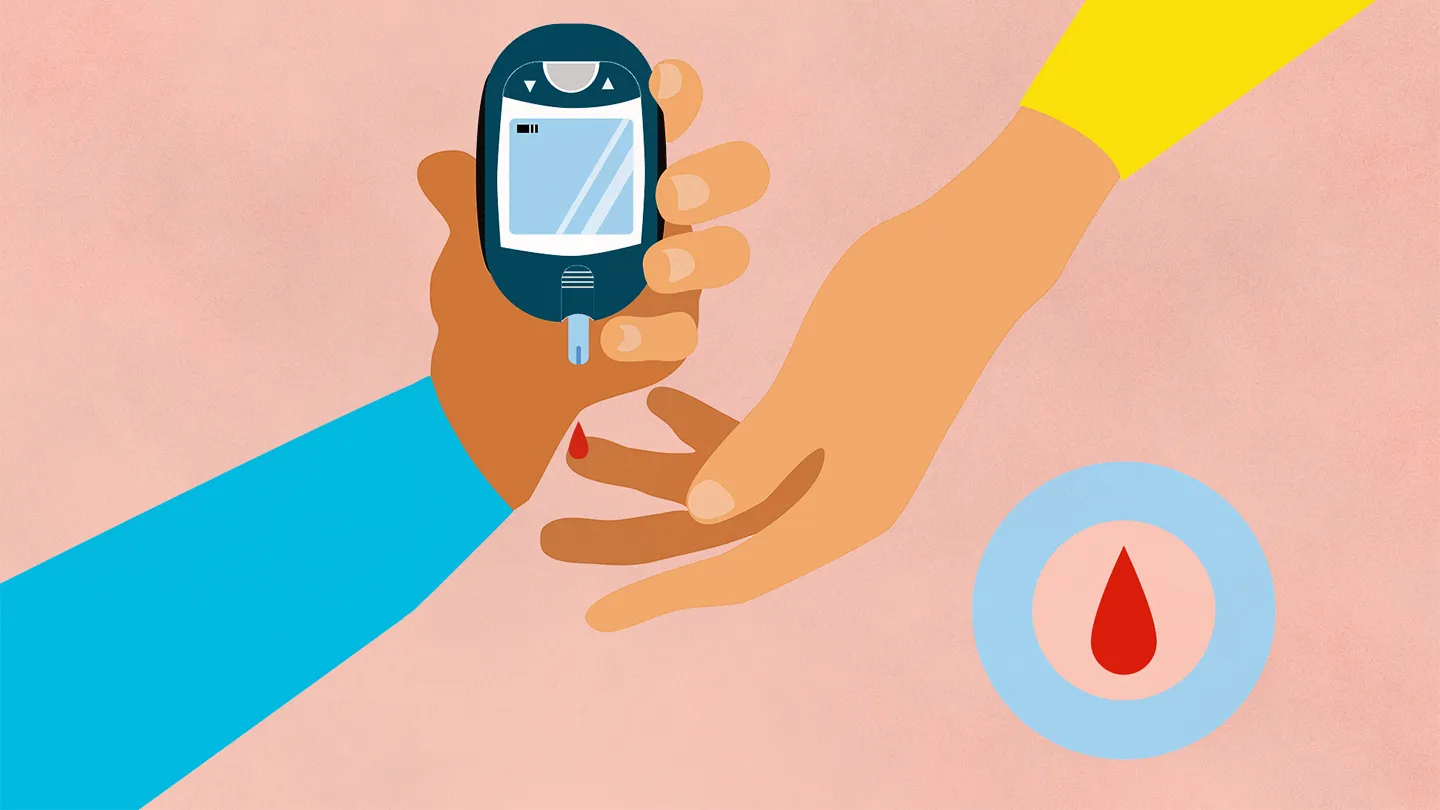 Illustration of a hand holding a glucose meter next to a finger with a drop of blood