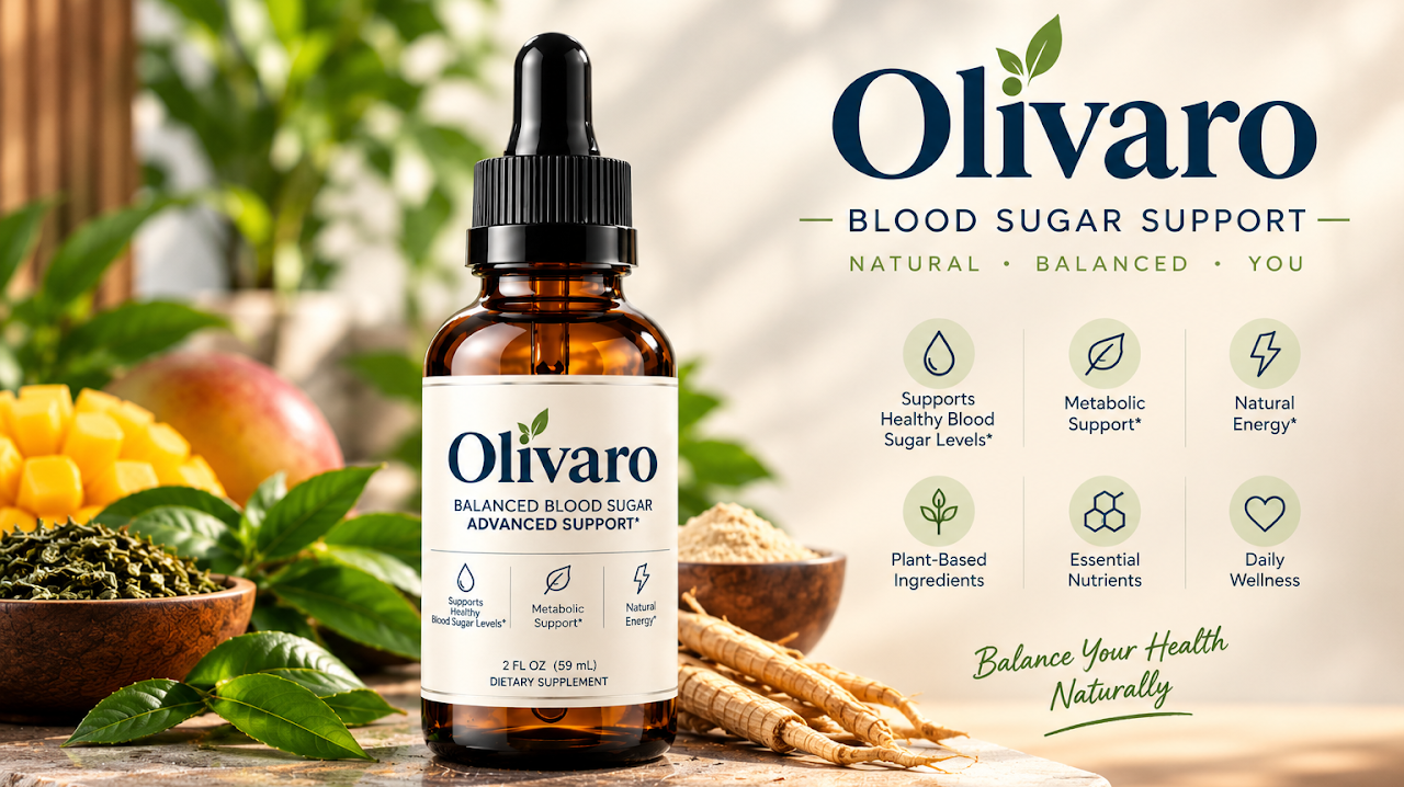 Olivaro bottle surrounded by mango, green tea leaves, and ginseng root with benefit icons